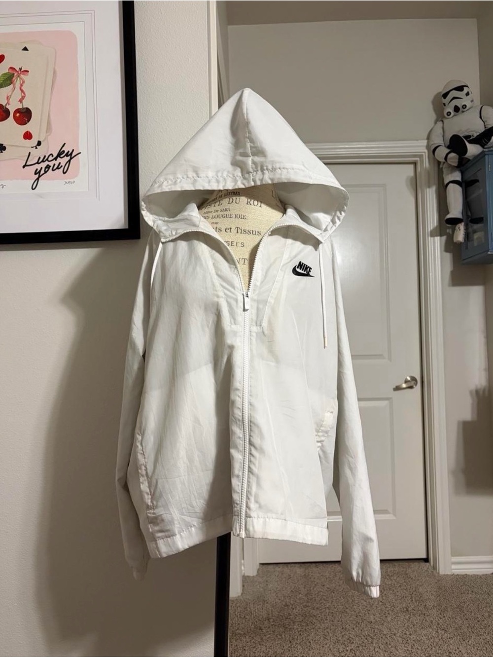 Nike White Hooded Windbreaker Jacket with Black Logo